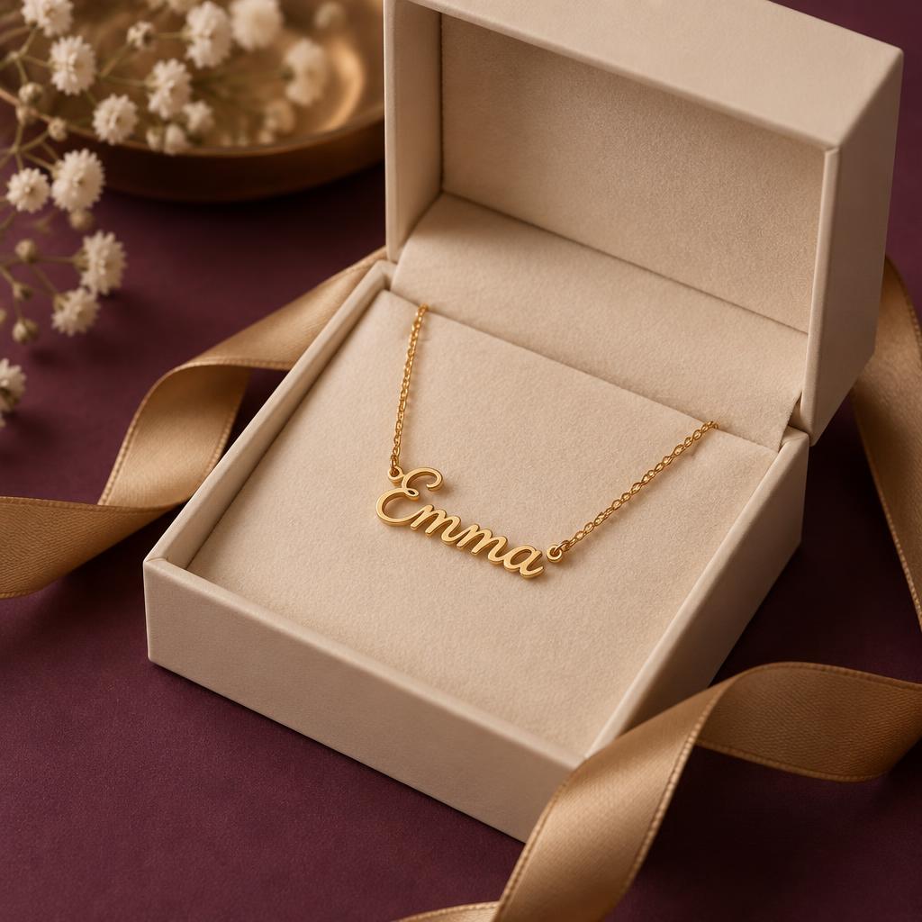A personalized gold name necklace in a cream gift box