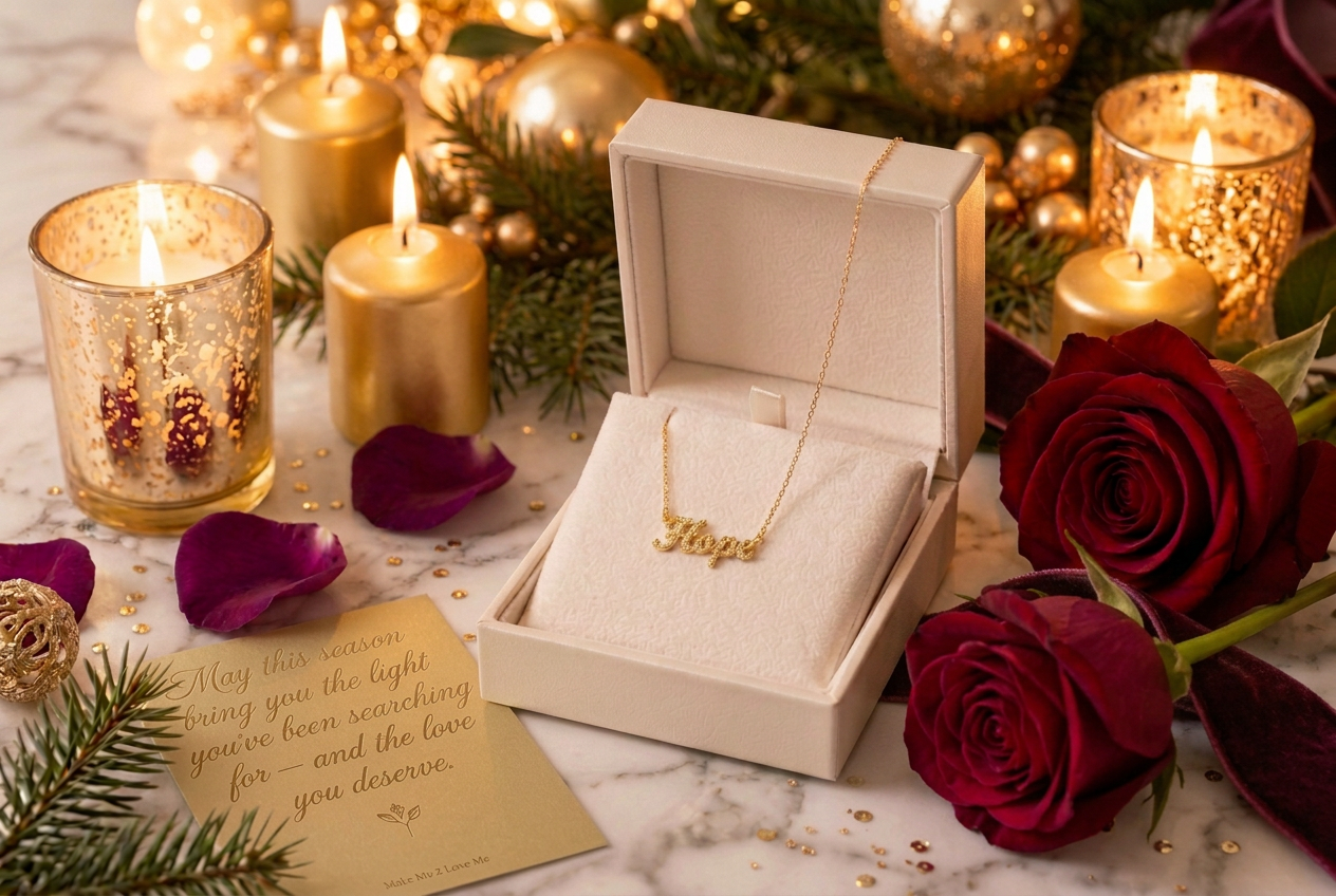 Holiday gift inspiration: a card reading “May this season bring you the light you’ve been searching for — and the love you deserve,” beside a Hope name necklace in a cream gift box, red rose, and plum ribbon